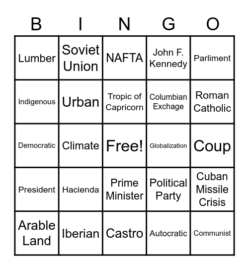 Latin America Vocabulary Bingo Card