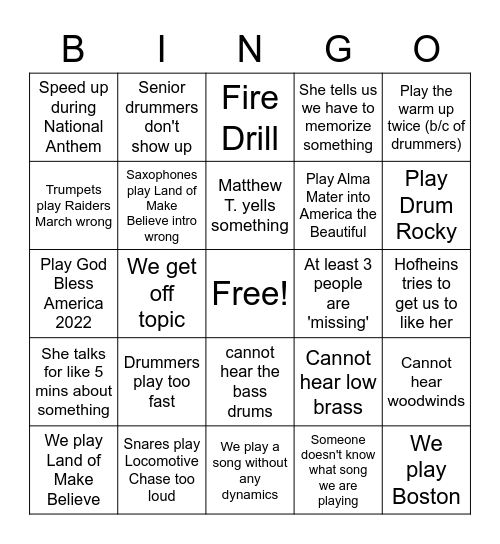 Band Room Bingo Card