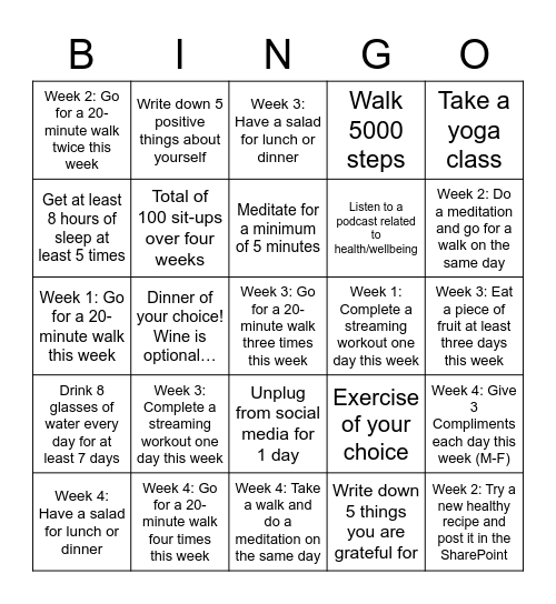 GIA Health and Wellness Bingo Card
