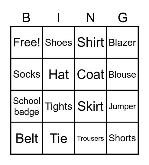 School Uniform Bingo Card