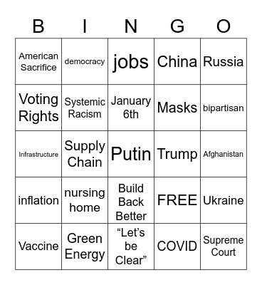 2022 State of the Union Bingo Card