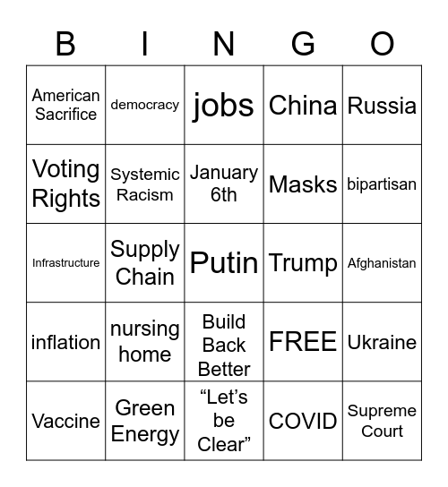 2022 State of the Union Bingo Card