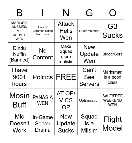 Squad General (March 1, 2022) Bingo Card