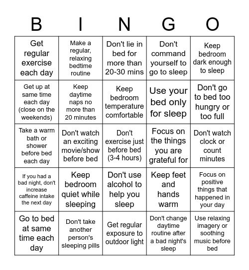 Sleep Do's & Don'ts Bingo Card