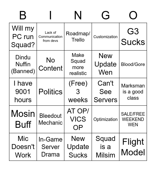 Squad General (March 1, 2022) Bingo Card