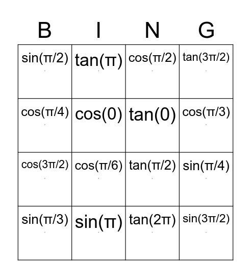 Trig Values Bingo Card