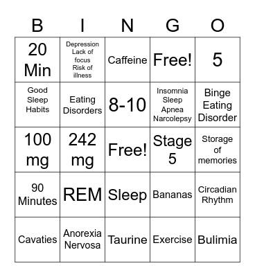 Sleep/Energy Drinks/Eating Disorders Bingo Card