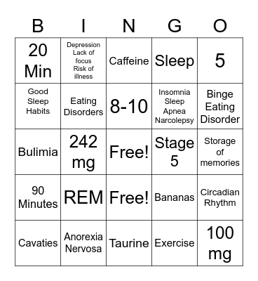 Sleep/Energy Drinks/Eating Disorders Bingo Card