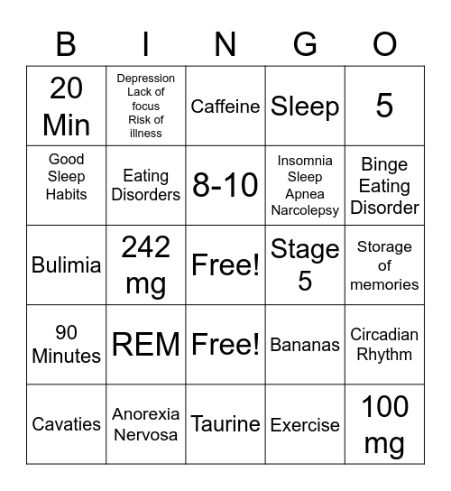 Sleep/Energy Drinks/Eating Disorders Bingo Card