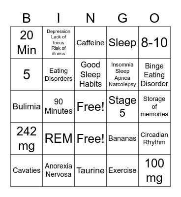 Sleep/Energy Drinks/Eating Disorders Bingo Card