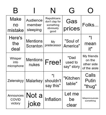 2022 BIDEN SOTU Bingo Card