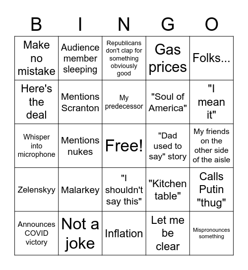 2022 BIDEN SOTU Bingo Card