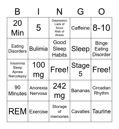 Sleep/Energy Drinks/Eating Disorders Bingo Card