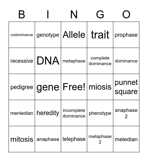 genetics vocab Bingo Card