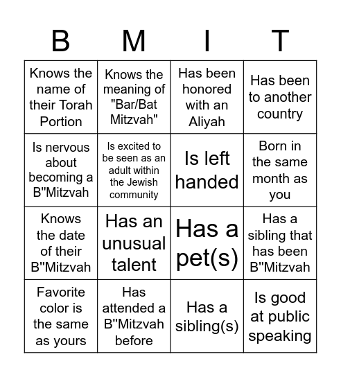 B''Mitzvah Bingo Card