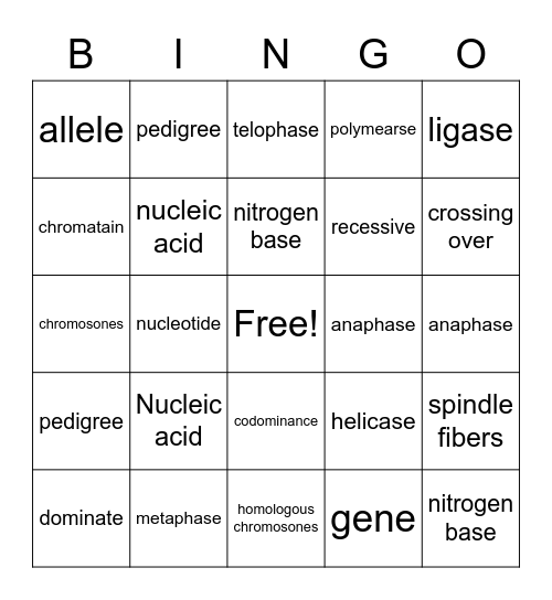 Genetics Bingo Card