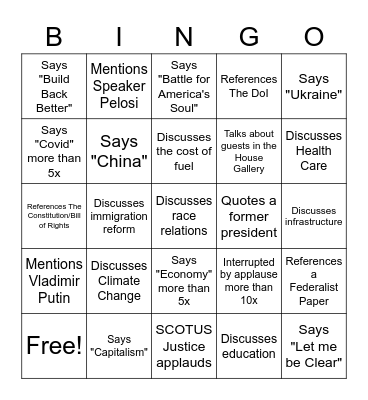2022 State of the Union Bingo Card