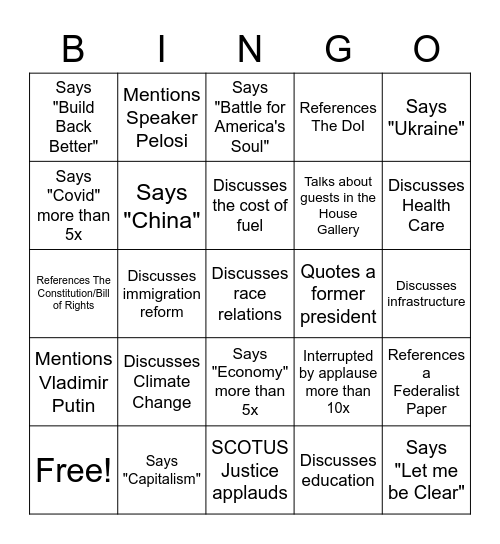 2022 State of the Union Bingo Card