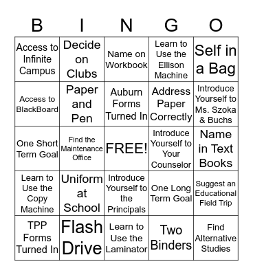 Juniors First Week of School Bingo Card