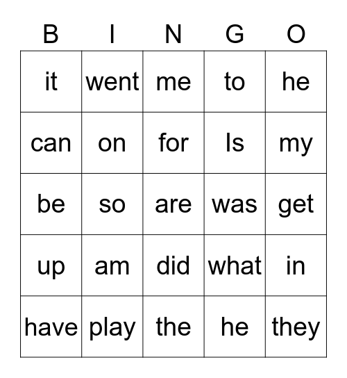 Sight Words Bingo Card
