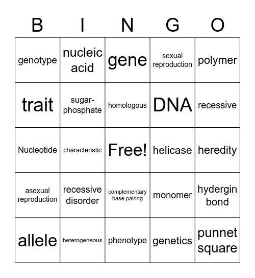 test vocab Bingo Card