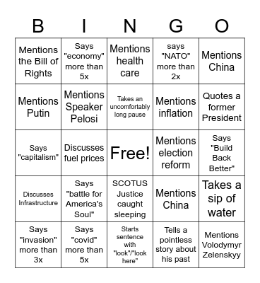 State of The Union 2022 Bingo Card