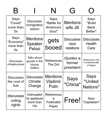 2022 State of the Union Bingo Card
