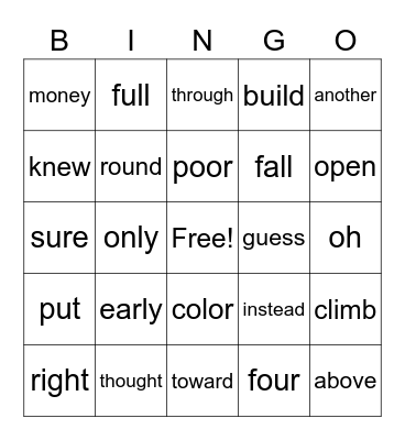 1st Block 5 Bingo Card