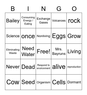 Living vs. Nonliving BINGO Card
