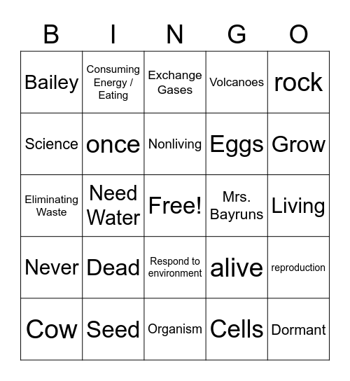 Living vs. Nonliving BINGO Card
