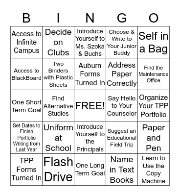 Seniors First Week of School Bingo Card