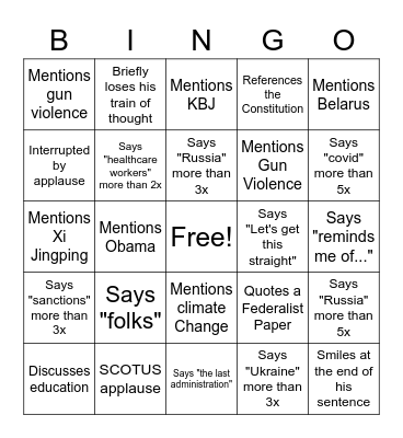 State of the Union 2022 Bingo Card