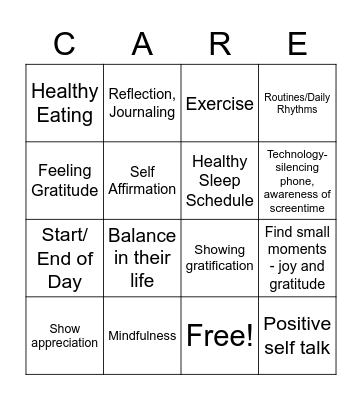Healthy Habits Bingo Card