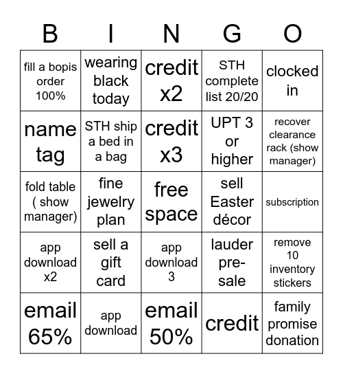 Belk Bingo Card