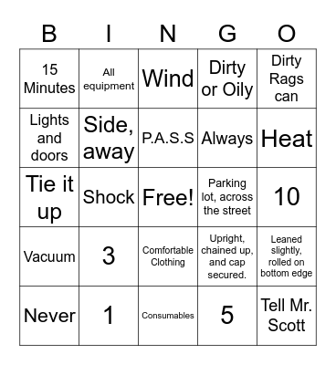 Welding Shop Safety Bingo Card