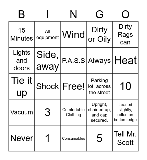 Welding Shop Safety Bingo Card