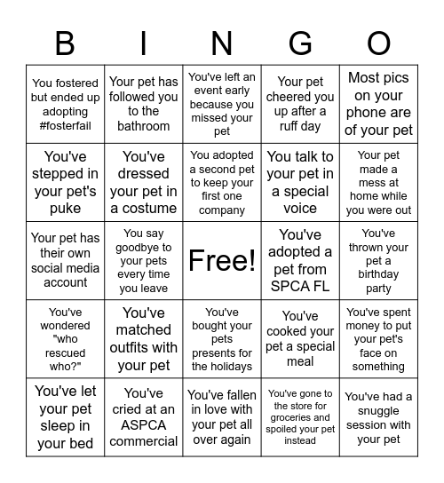 Pet Owner Bingo! Bingo Card