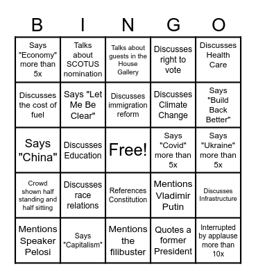State of the Union 2022 Bingo Card