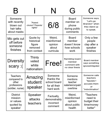 School Board Meeting BINGO Card