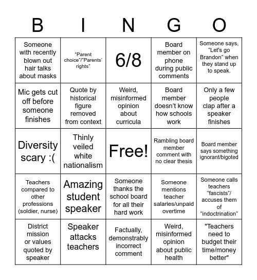 School Board Meeting BINGO Card