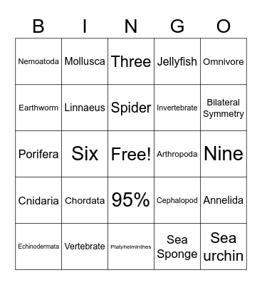 Animal Phyla Bingo Card