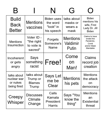 State of the Union 2022 Bingo Card