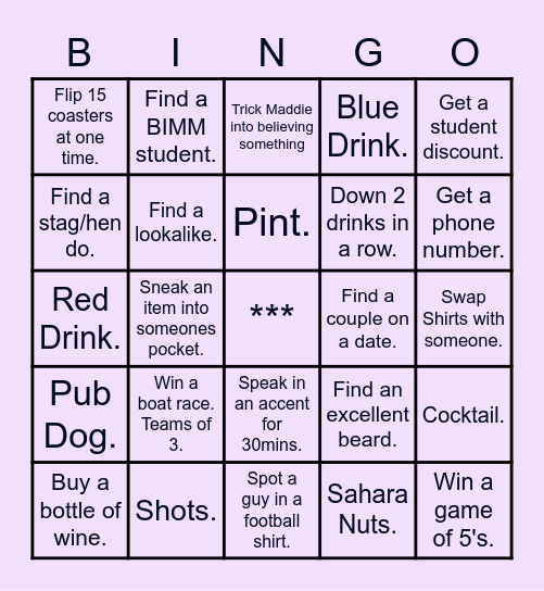 Tysoe's 25th Pub Crawl. Bingo Card