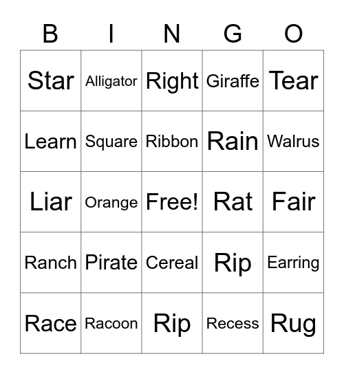 "R" Bingo Card