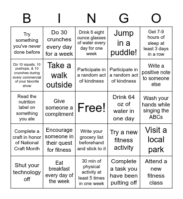 March Madness for Wellness BINGO Card
