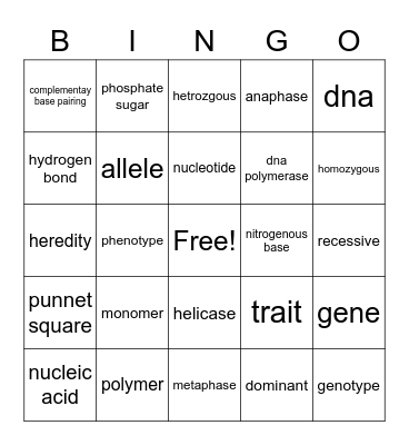 science bingo Card