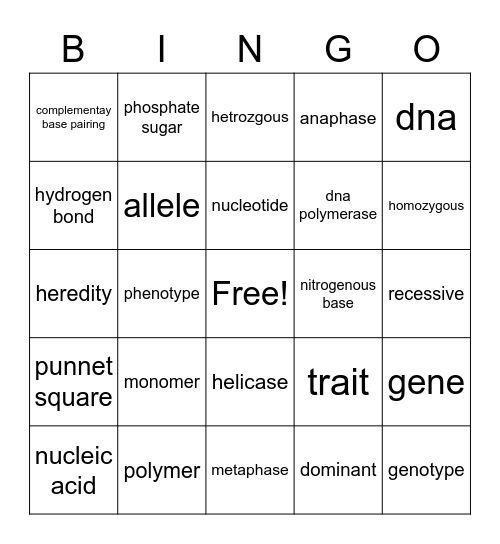 science bingo Card