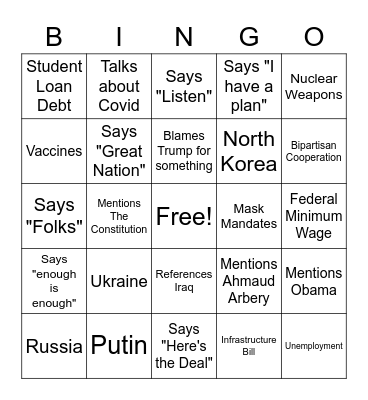 2022 State of the Union Bingo Card