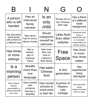 Chi Upsilon Sigma's Cultural Bingo Card
