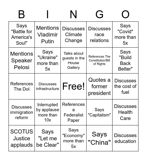 2022 State of the Union Bingo Card